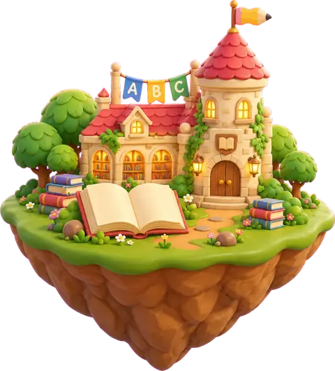 English Academy: A castle with open books on a floating island (Sweet Sky)