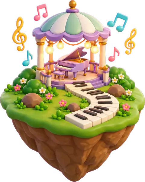 Music Island: A pavilion with a piano and a path of piano keys (Sweet Sky)